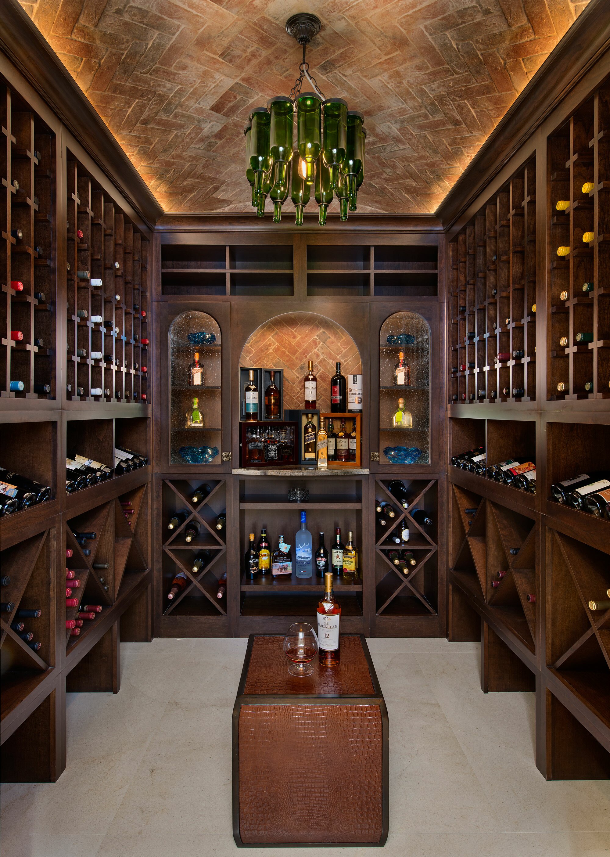 Elegant wine cellar with wooden racks and dim lighting.